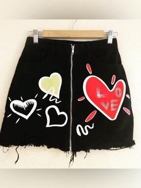 Black Mini Skirt with Red Heart Graphic - LOVE Zip Front